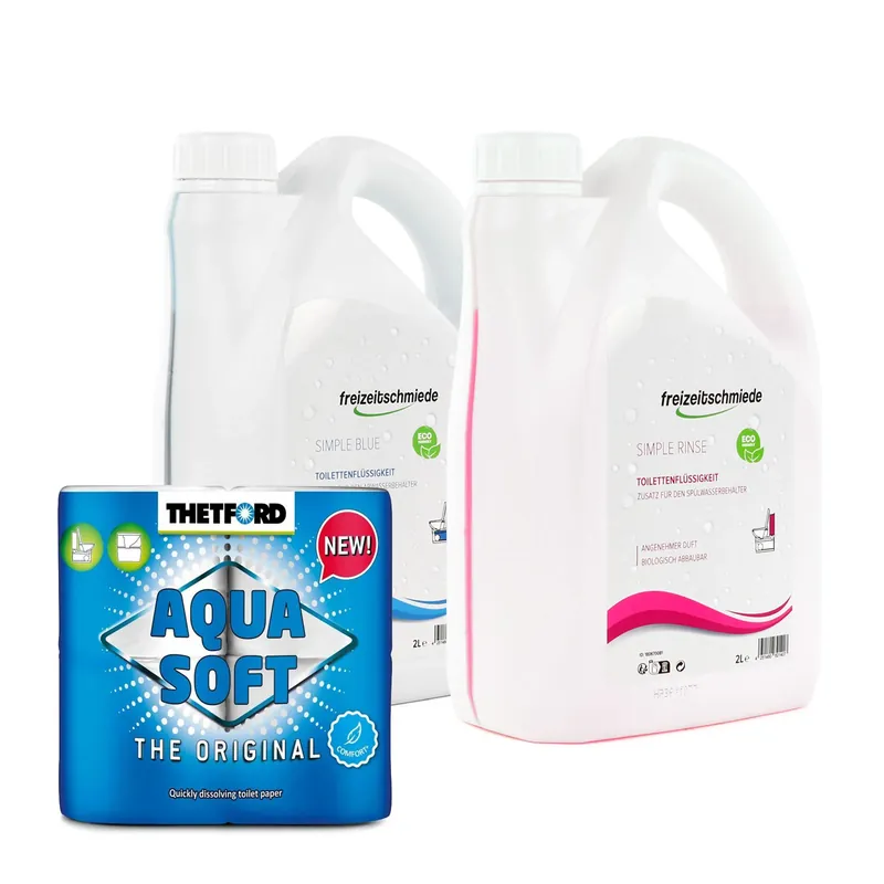 Neuheit Freizeitschmiede Set Sanitärzusatz Simple Blue & Rinse je 2L oder 4L & Aqua Soft Toilettenpapier