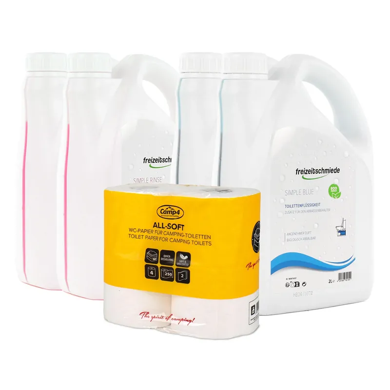 Freizeitschmiede Set Sanitärzusatz Simple Blue & Rinse je 4L & All Soft Toilettenpapier Neu Im Sortiment