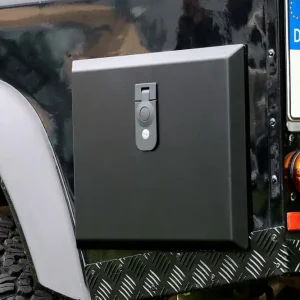 Sonderaktion Seitenstaubox für Land Rover Defender, Edelstahl, hinten links schwarz pulverbeschichtet