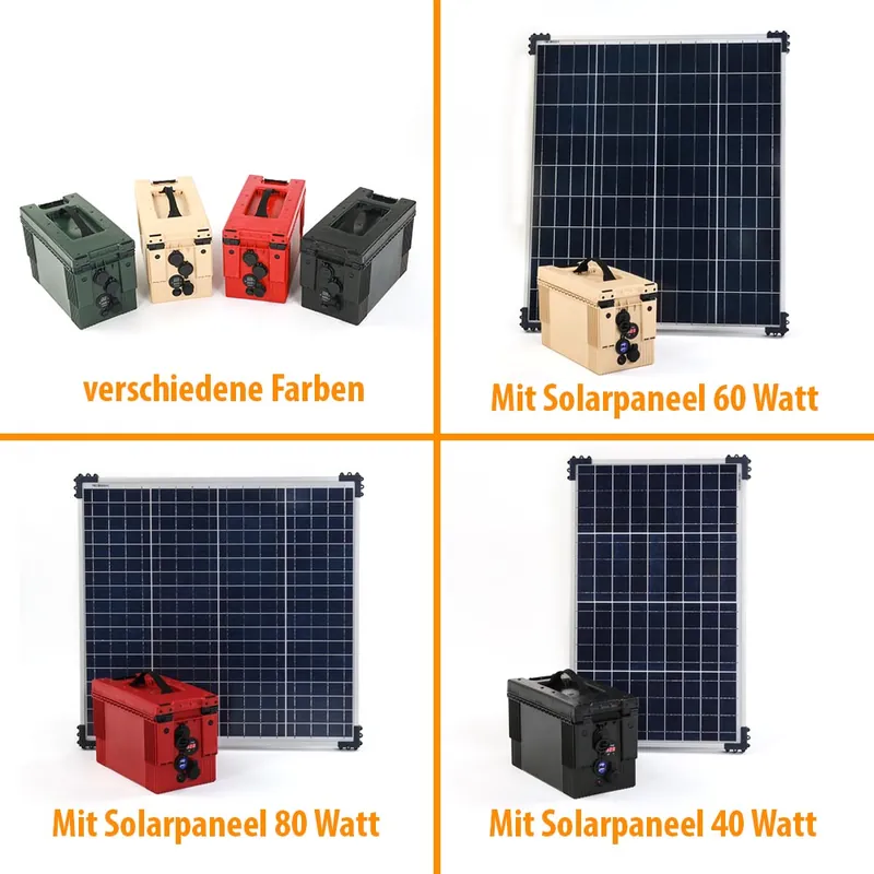 Top-Seller Akkubox mit LiFePo oder AGM Batterie, verschiedenen Anschlüssen, mit Solarpanel