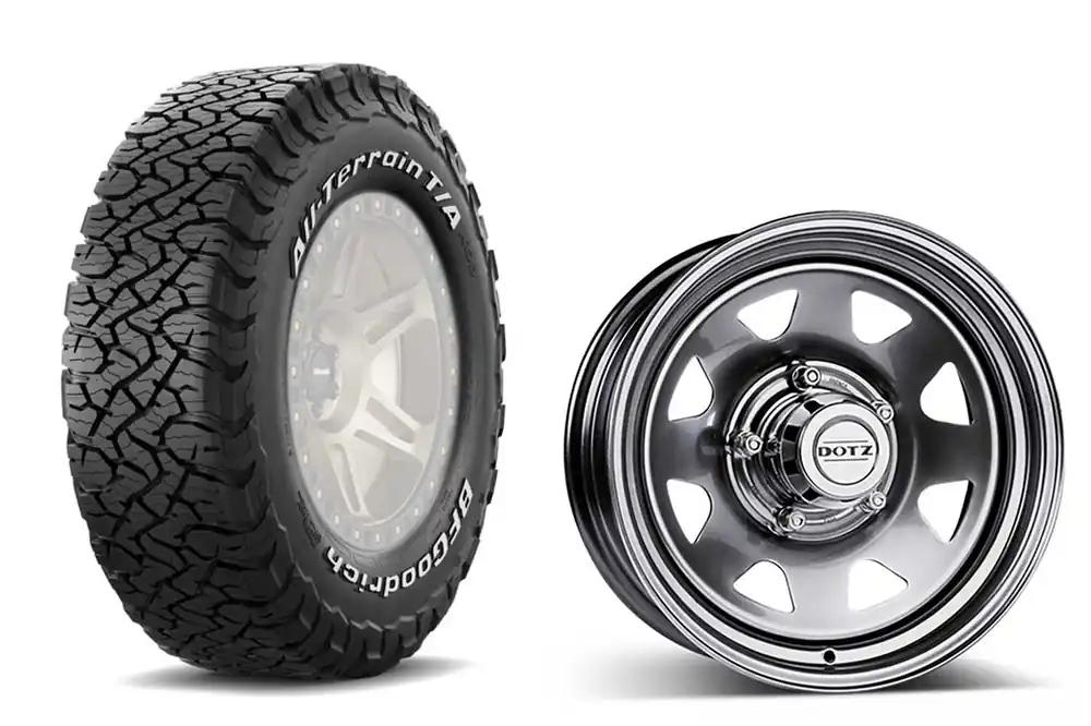 Kracherpreis Komplettradsatz BF Goodrich 235/85R16 All Terrain T/A KO3 auf Dotz Stahlfelge für Defender